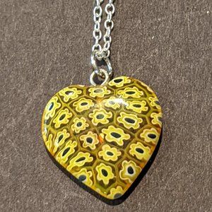 Vintage Glass Yellow Flower Heart Pendant